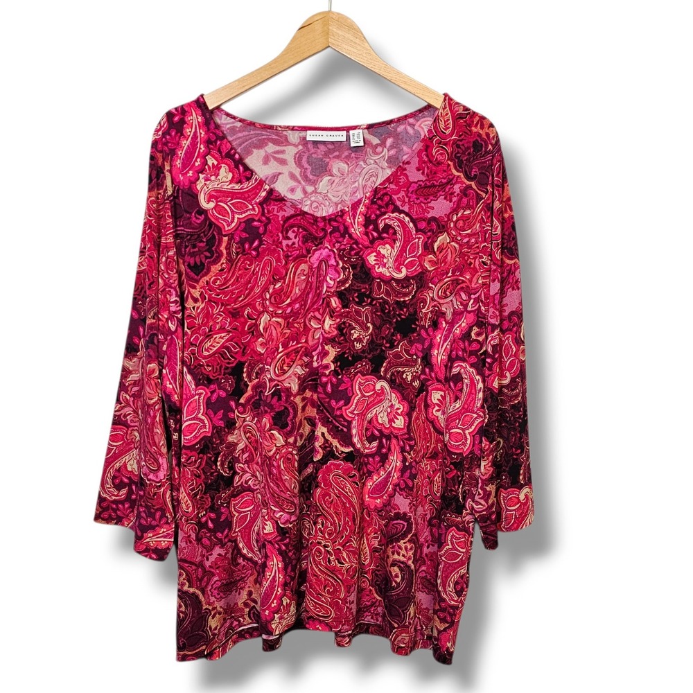 Susan Graver Top 2X Womens Pink Paisley Liquid Knit V-Neck 3/4 Sleeve Stretch